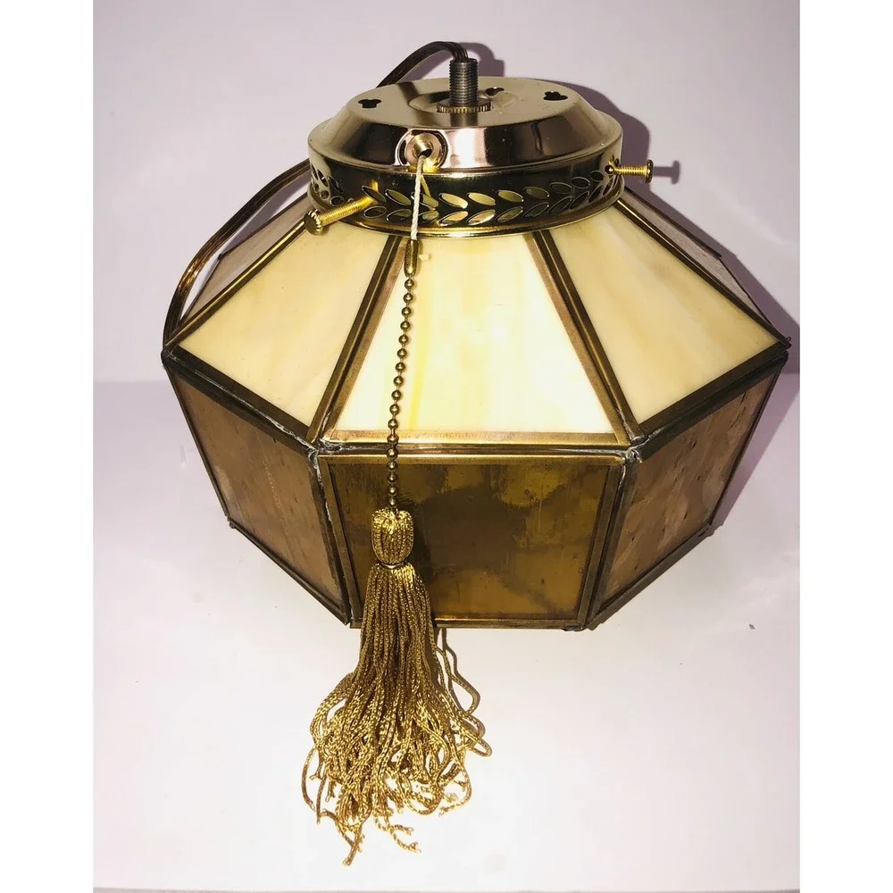 Vintage Amber Caramel Stained Glass Panels Lamp‎ Shade Ceiling Hanging Octagon